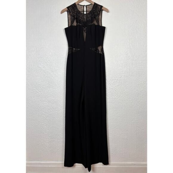 BCBGMaxazria Laden Lace Blocked Wide Leg Jumpsuit Black Size 6 - Picture 3 of 7